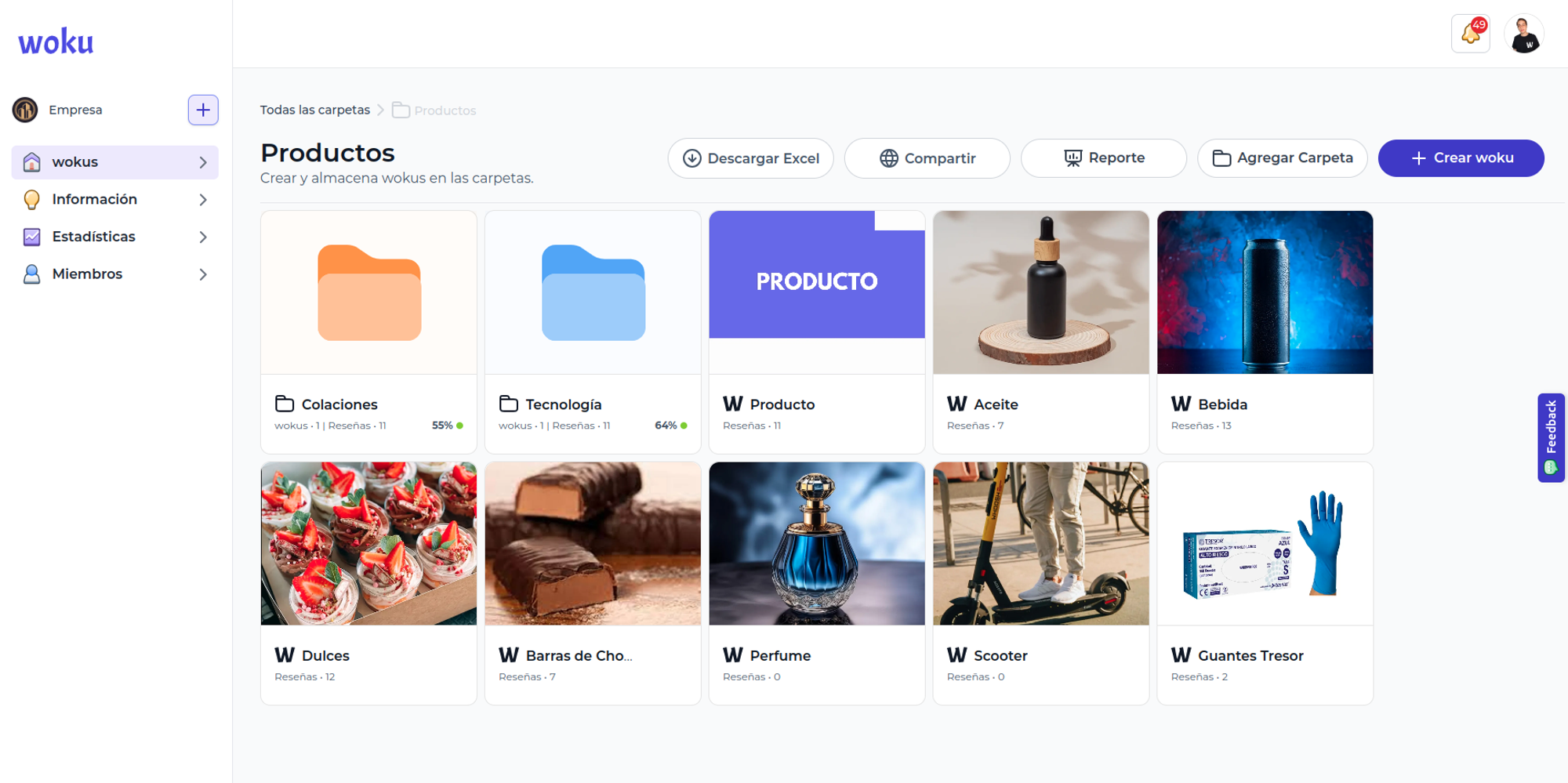 Interfaz de la vista de administrador de woku, mostrando el feed con wokus y carpetas.