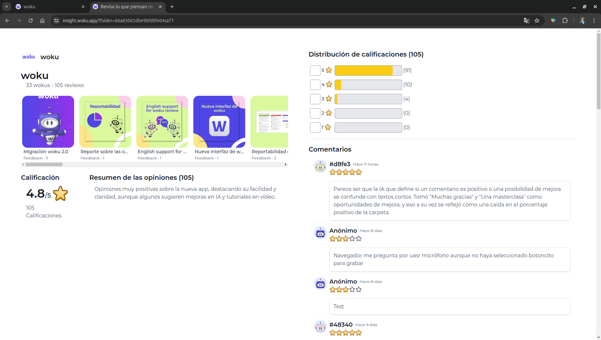 Vista de la interfaz del insight de woku. Se visualizan reseñas de una empresa.