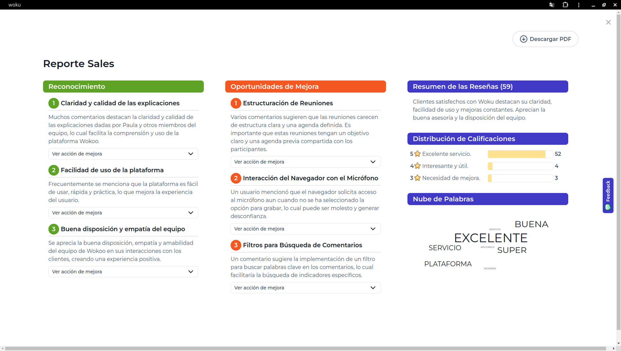 Vista de la interfaz de la administración de woku. Se muestra un reporte.