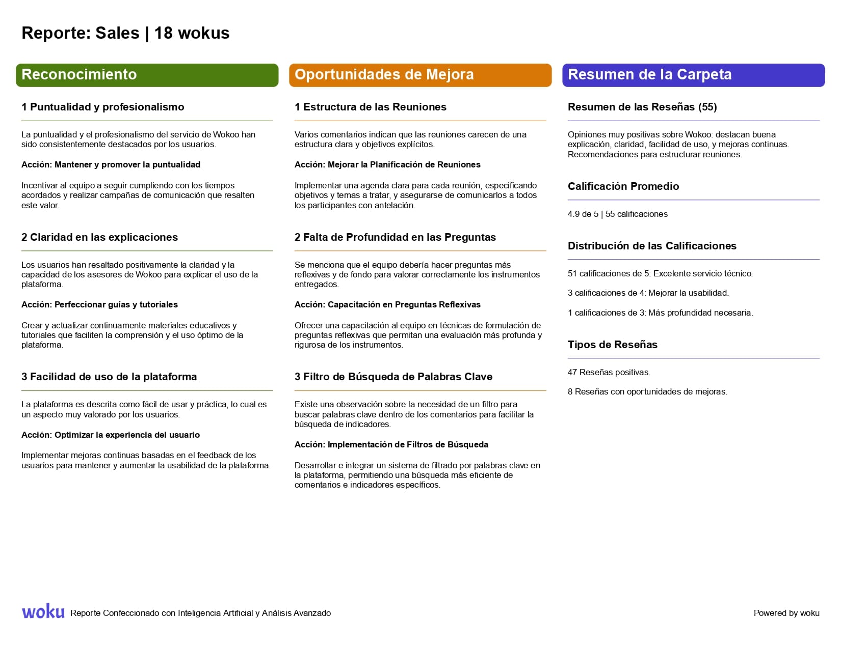 Reporte de un conjunto de wokus extraído en PDF desde la plataforma.