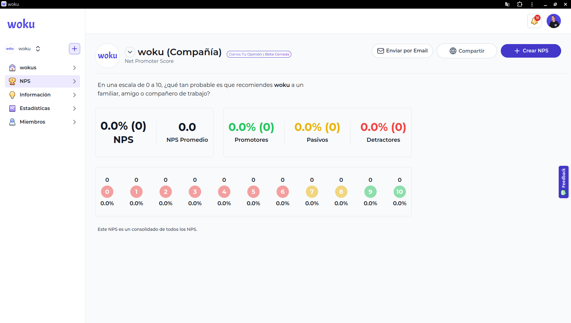 Interfaz de usuario de woku mostrando los resultados de Net Promoter Score (NPS) de una compañía sin respuestas registradas. El NPS es 0.0% con 0 promotores, 0 pasivos y 0 detractores. La pantalla permite opciones como enviar por email, compartir y crear un nuevo NPS. A la izquierda, hay un menú de navegación con secciones como wokus, NPS, Información, Estadísticas y Miembros.