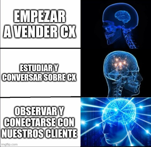 Meme de expansión de cerebro con tres niveles. El primer nivel dice 'EMPEZAR A VENDER CX', el segundo 'ESTUDIAR Y CONVERSAR SOBRE CX', y el tercer nivel, con un cerebro expandido y brillante, dice 'OBSERVAR Y CONECTARSE CON NUESTROS CLIENTES'.