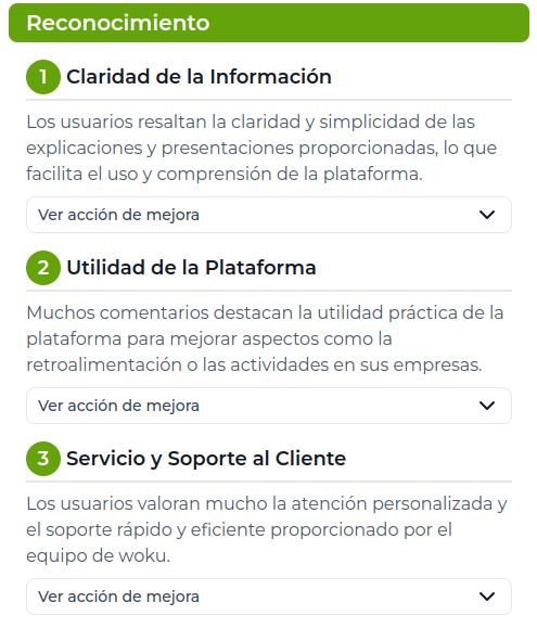 Sección de reconocimiento con tres puntos destacados en la plataforma de woku. El primer punto es 'Claridad de la Información', donde los usuarios resaltan la simplicidad de las explicaciones. El segundo punto es 'Utilidad de la Plataforma', mencionando la retroalimentación positiva sobre su utilidad práctica. El tercer punto es 'Servicio y Soporte al Cliente', destacando la atención personalizada y el soporte rápido ofrecido por el equipo de woku."