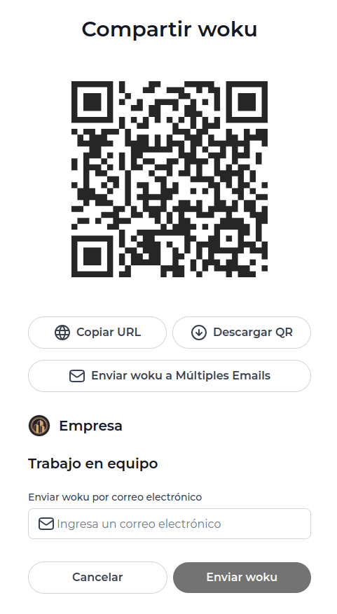 Interfaz de woku con opciones para compartir un woku. Muestra un código QR grande en el centro, botones para copiar la URL, descargar el QR, y enviar woku a múltiples correos electrónicos. También incluye un campo para ingresar un correo electrónico y opciones para cancelar o enviar woku.