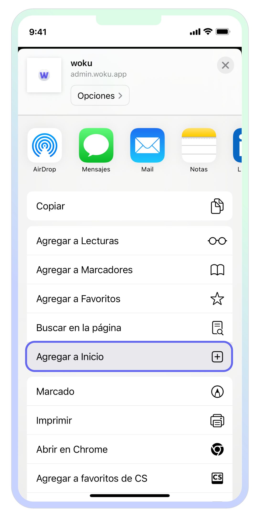 Botón "Agregar a Inicio" para instalar la aplicación web en el iPhone