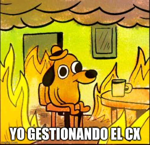 Perro en medio de una habitación en llamas con la frase 'Yo gestionando el CX', representando la sensación de caos y normalización de la complejidad en la gestión del Customer Experience.