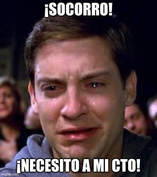 Meme de Tobey Maguire llorando como Peter Parker. El texto superior dice '¡SOCORRO!' y el texto inferior dice '¡NECESITO A MI CTO!'