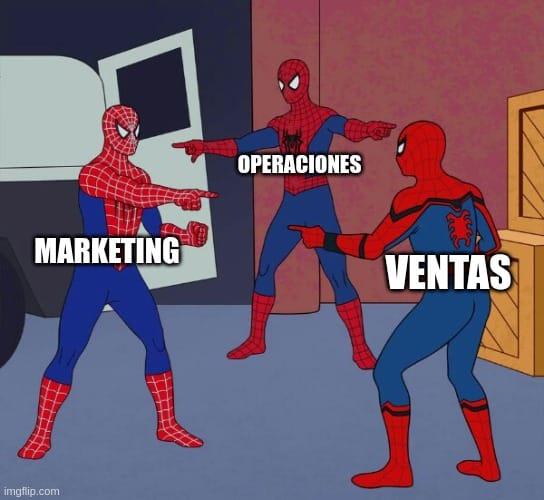 Los tres Spidermans apuntándose entre sí, con etiquetas de 'Marketing', 'Operaciones' y 'Ventas'. Ilustra la necesidad de alineación y colaboración entre áreas para gestionar la experiencia del cliente de manera efectiva.